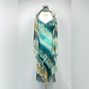 Teal Tie-Dye V-Neck Silk Evening Dress